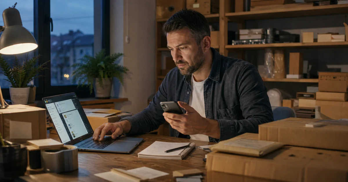 A small online-store owner handling evening customer messages beside parcels ready for fulfillment